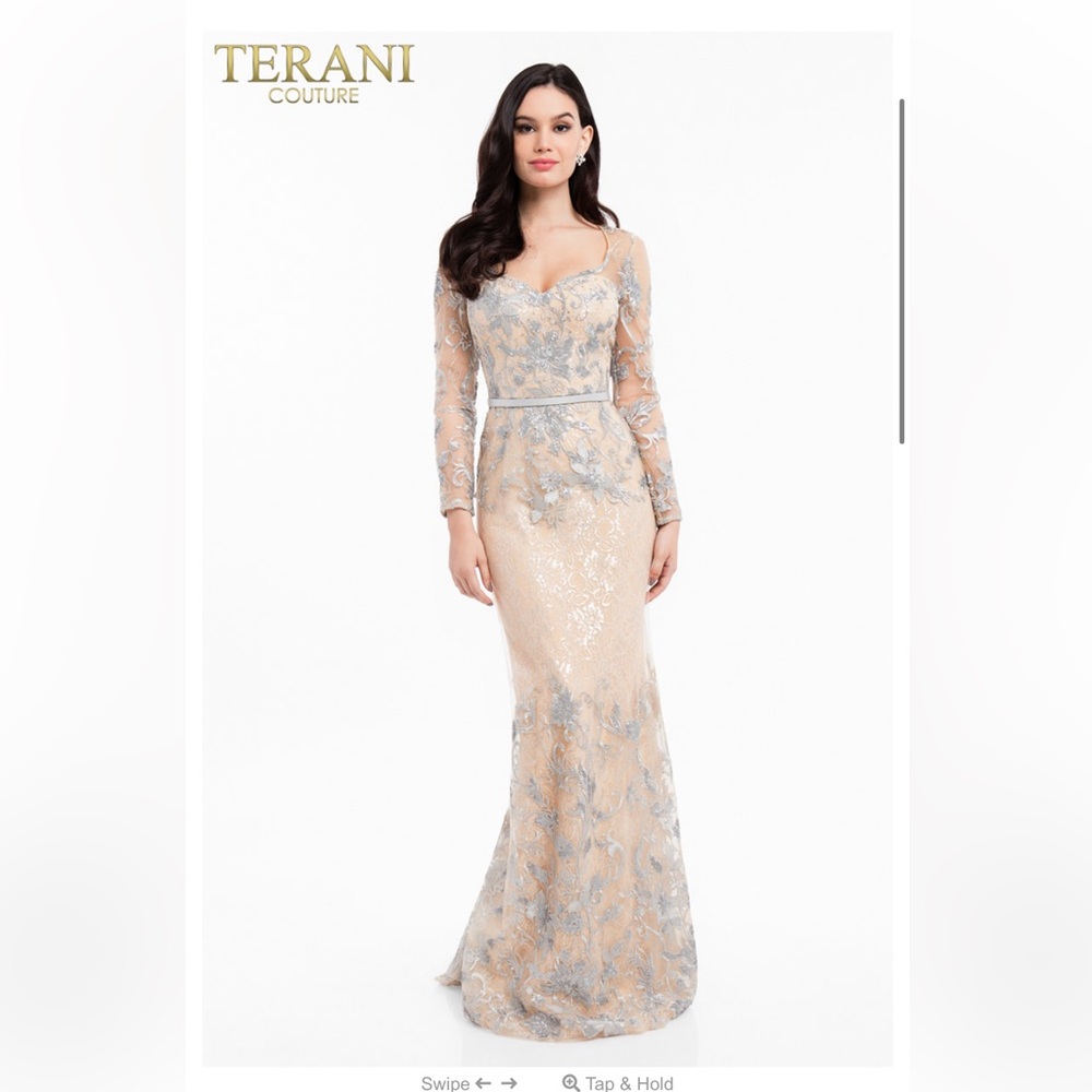 Terani Couture illusion Bateau neck Long-Sleeve beaded chiffon Gown